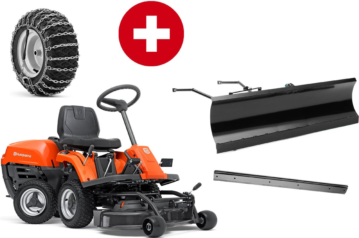 Husqvarna Frontmäher R 112C mit Mähdeck Combi 85 - Winterpaket mit Schneeschild, Gummileiste und Schneeketten