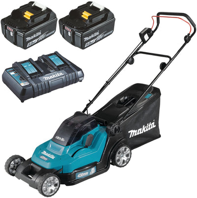Makita Akku-Rasenmäher DLM432PT2 mit 2 Akkus 5 Ah und Doppelladegerät - Modell 2025