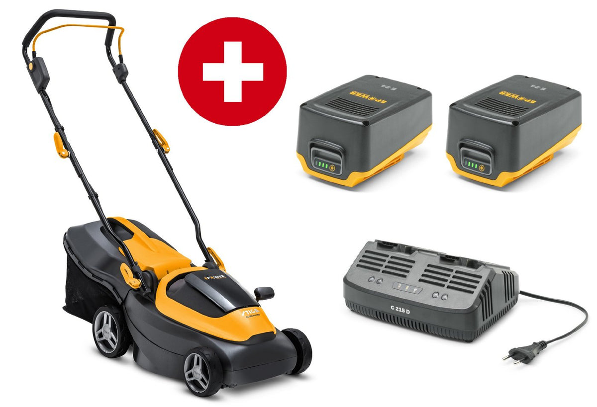 Stiga Akku-Rasenmäher Collector 140e Kit - mit 2 x 4 Ah Akku und Doppel-Ladegerät